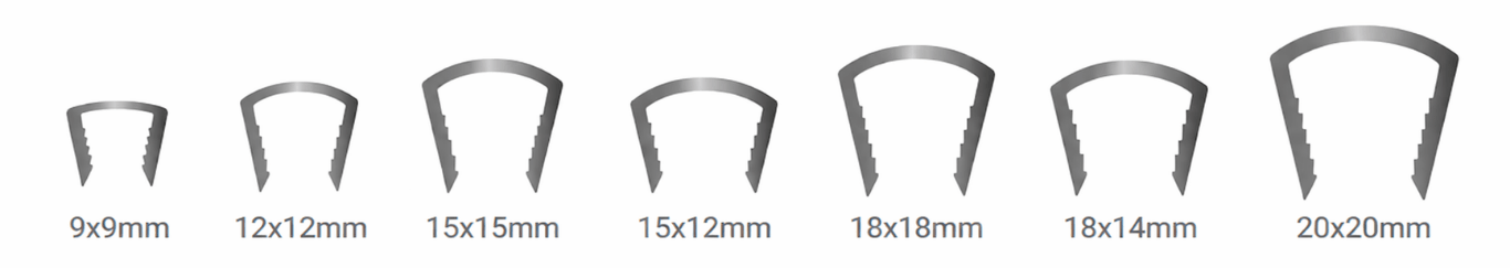 Chart showing LINKT compression staple sizes ranging from 9x9mm to 20x20mm, including 12x12mm, 15x15mm, 15x12mm, 18x18mm, and 18x14mm options for bone fixation procedures.